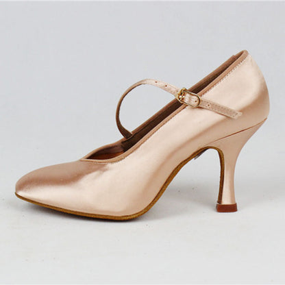 BD 138 Women's Single Strap Standard Ballroom Shoe in Tan Satin Available in Multiple Heel Heights