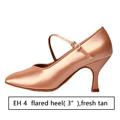 tan satin ballroom dance shoe for women