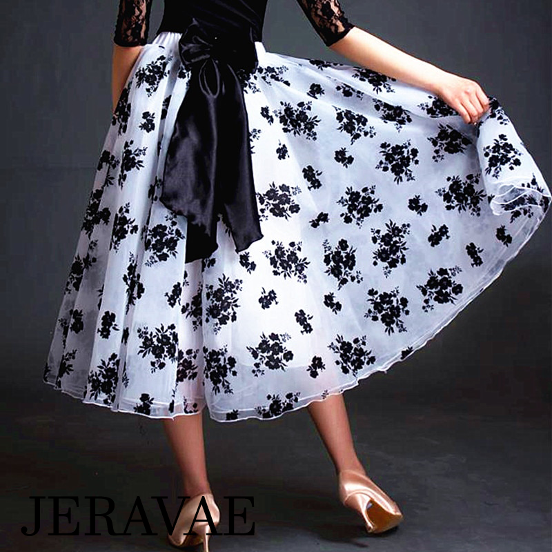 Black and White Floral Ballroom Practice Skirt with Bow Tie and Soft Hem
