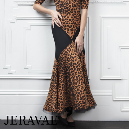 Long Brown and Black Cheetah Print Ballroom Practice Skirt with Color Blocking and Soft Hem Sizes S-3XL PRA 647