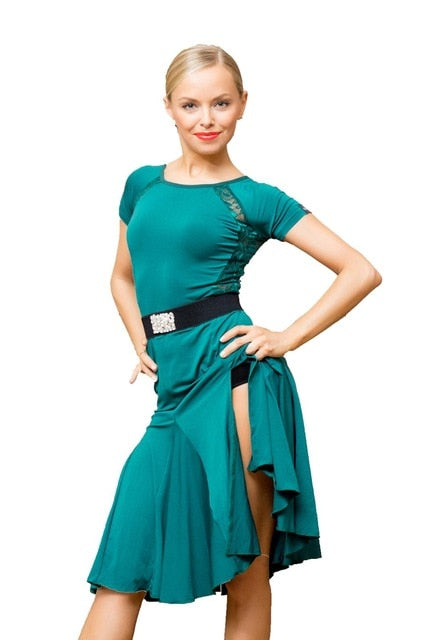 Short Sleeve Black or Green Latin Dress with Side Slit in Skirt and Stretch Lace Back and Accents PRA 653_sale
