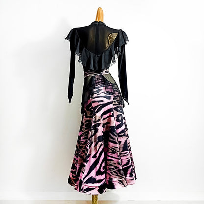 Ballroom Practice Skirt with Wrapped Horsehair Hem and Mesh Cutouts on Hips in Pink Animal Leopard Print or Polka Dot Floral Print PRA 670 in Stock
