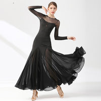 Long Ballroom Practice Dress with Long Sleeves, Princess Neckline and Heart Cut out on Back.  Features Wrapped Horsehair Hem and Sheer Chiffon Skirt Pra772 in Stock