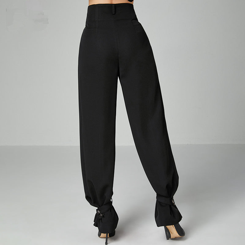Long Black Ballroom Practice Pants with Wide High Waistband and Cinchable Ankle Ties PRA 783 in Stock