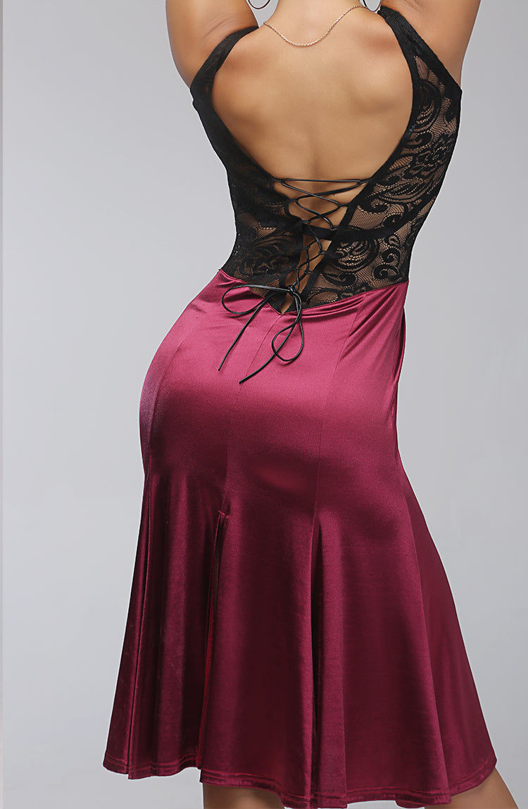 Wine Latin Practice Dress with Satin Skirt and Corset Style Transparent Lace Waistline PRA 236_sale