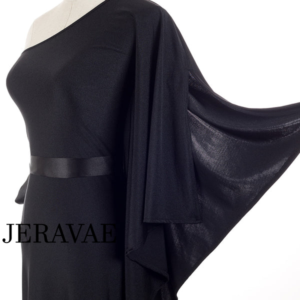 black latin dress with long floating flutter sleeve and belt