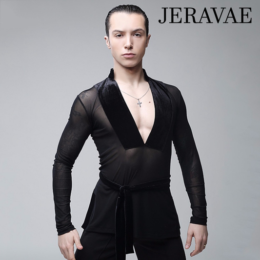 Men's Mesh and Velvet Latin Shirt with Long Sleeves and Velvet Belt Sash Available in Sizes S-XXL M011