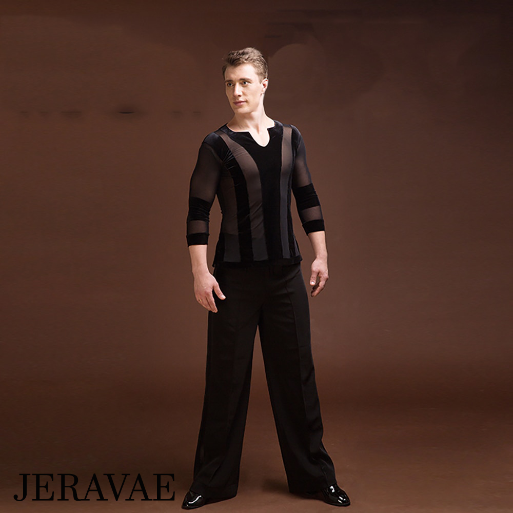 black mens competition tunic shirt with mesh and velvet stripe details