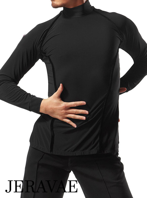 Men's High Neck Latin or Practice Shirt with Slimming Accent Lines and Long Sleeves Available in Black, Navy, and White M001