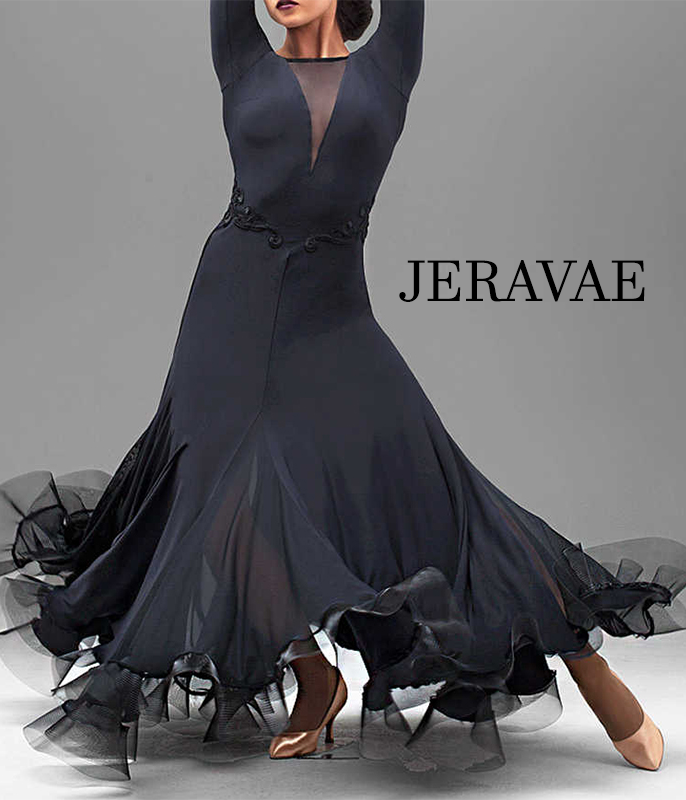 Classic Black Long Ballroom Practice Dress with Mesh Insert and Lace Waist Detail PRA 056_sale