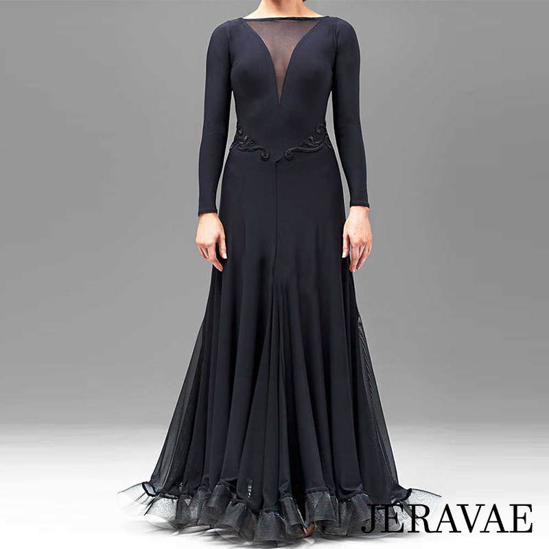 Women's black ballroom dress with mesh insert at neck
