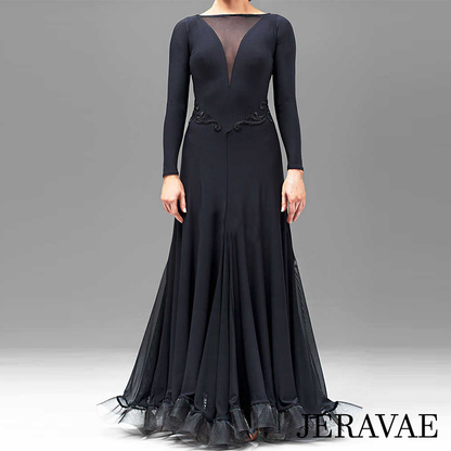Classic Black Long Ballroom Practice Dress with Mesh Insert and Lace Waist Detail Available in Sizes S-3XL PRA 056 in Stock