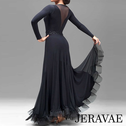 Classic Black Long Ballroom Practice Dress with Mesh Insert and Lace Waist Detail PRA 056_sale
