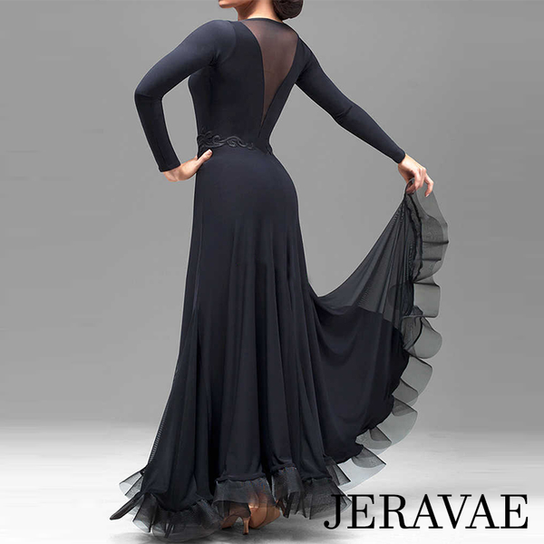 Classic Black Long Ballroom Practice Dress with Mesh Insert and Lace Waist Detail Available in Sizes S-3XL Pra056 In Stock