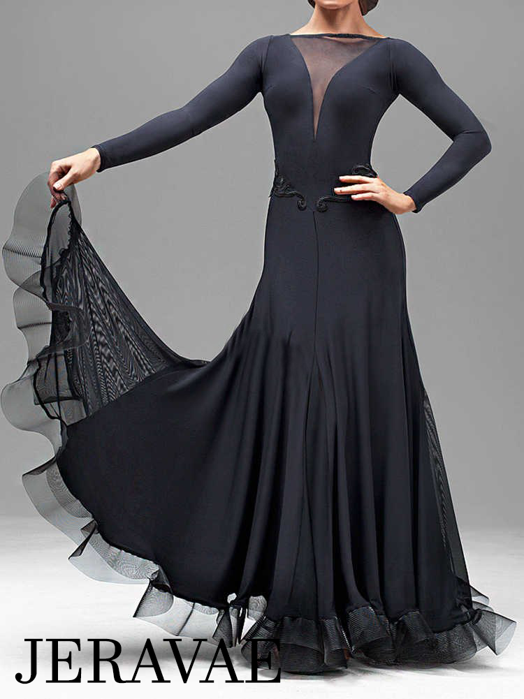 Classic Black Long Ballroom Practice Dress with Mesh Insert and Lace Waist Detail