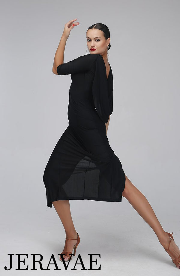 Black Latin Practice/Performance Dress with Back Sash and Half Sleeves Available in Sizes S-XL PRA 122 in Stock