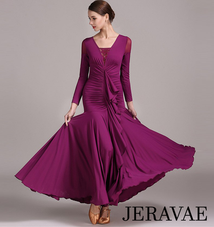 Long Ballroom Practice Dress with Flutter Sash and Lace Accent in Neckline Available in 3 Colors PRA 087_sale