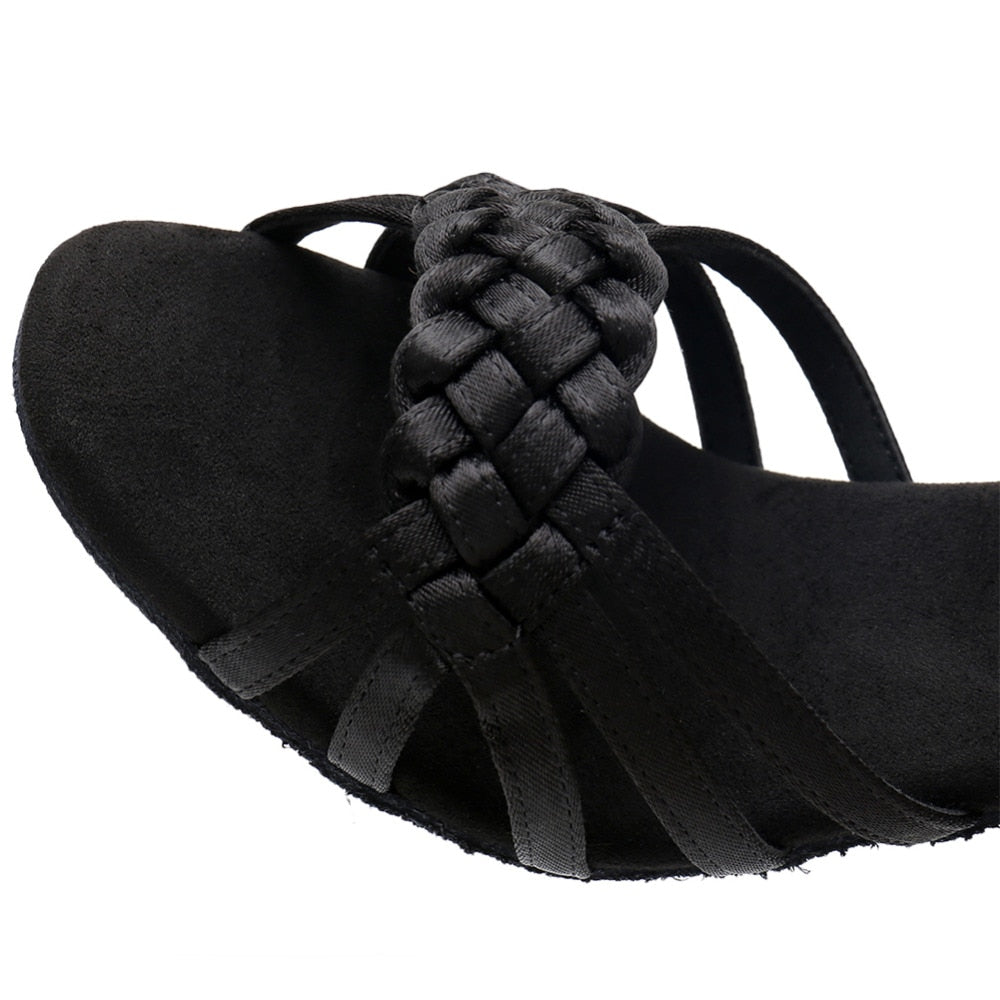 View of braided detail on women's Latin dance shoe
