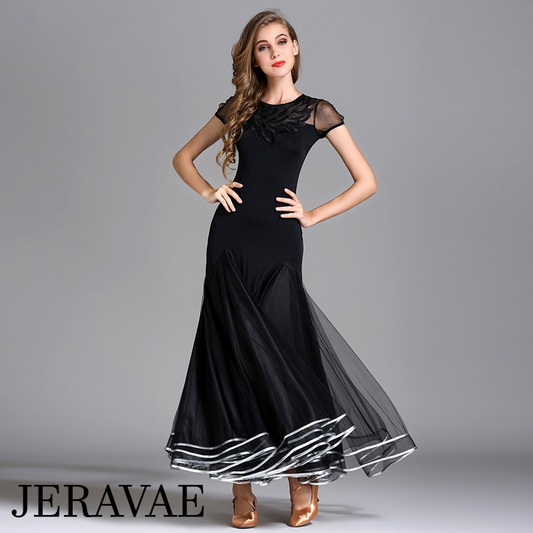 Long Black Ballroom Practice Dress with Lace Detail, Short Sleeves, and Ribbon Accent on Horsehair Hem PRA 081