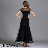 Long Black Ballroom Practice Dress with Lace Detail, Short Sleeves, and Ribbon Accent on Horsehair Hem Pra081_in