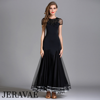 Long Black Ballroom Practice Dress with Lace Detail, Short Sleeves, and Ribbon Accent on Horsehair Hem Pra081_in