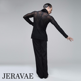 Men's Black See Through Mesh Latin Competition or practice Shirt with Velvet Gathered Sash and Long Sleeves M015