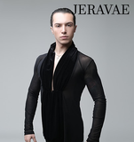 Men's Black See Through Mesh Latin Competition or practice Shirt with Velvet Gathered Sash and Long Sleeves M015