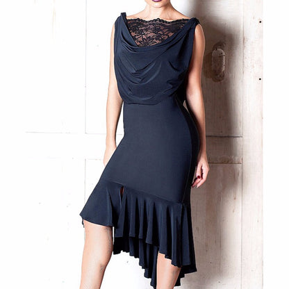 Black Sleeveless Latin Practice Dress with Lace Panels PRA 109_sale