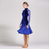 Blue Velvet and Lace Long Sleeve Latin/Rhythm Dress with High Classy Collar Pra118_in