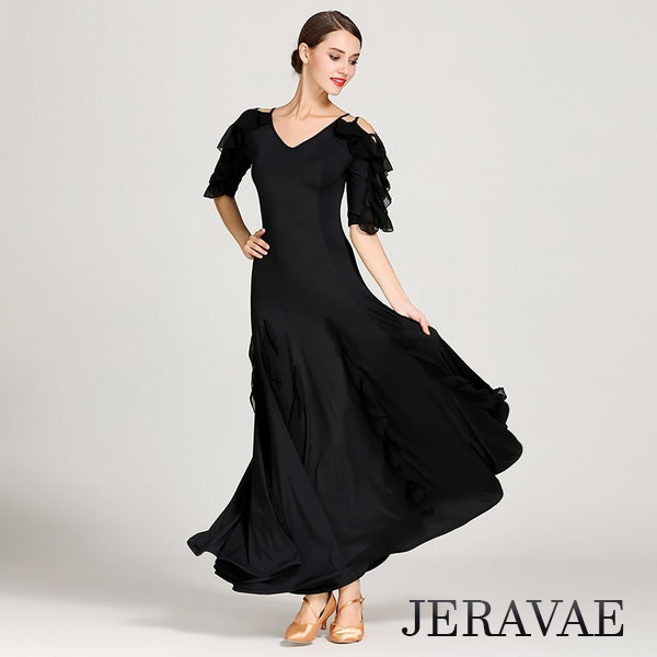 Long Black Ballroom American Smooth Practice Dress with V-Neck and Flutter Detail on Sleeves PRA 073_in