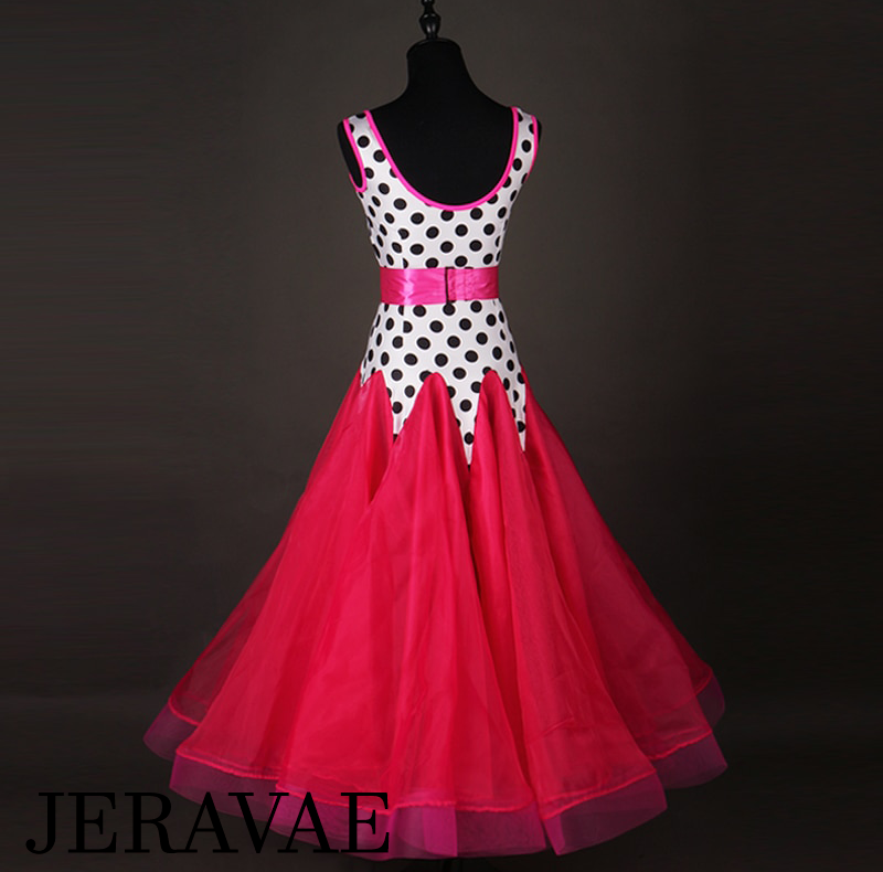 Pink, Black and White Polka Dot Ballroom or Smooth Dress with Pink Satin Belt, Available in Sizes S-XXL PRA 085