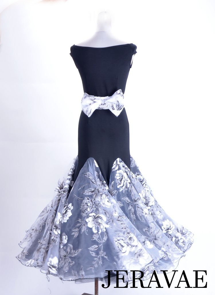 Stunning Black, Silver, and White Floral Ballroom Dress with Black Lycra Bodice and Floral Bow Belt PRA 052_sale