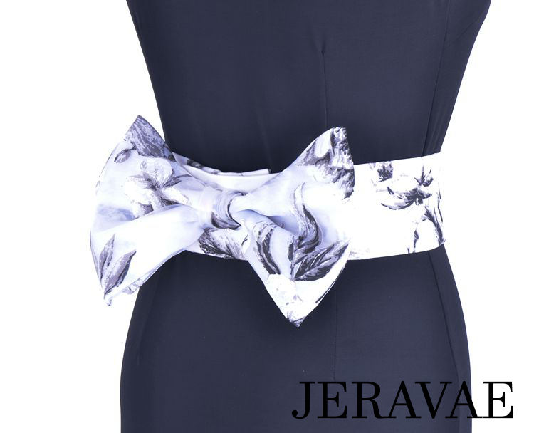 Stunning Black, Silver, and White Floral Ballroom Dress with Black Lycra Bodice and Floral Bow Belt PRA 052 in Stock