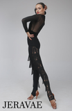 Long Black Latin or Rhythm Lace Practice or Competition Pants with Fringe Accents Sizes S-XL Pra151 In Stock