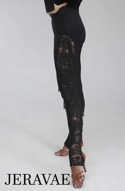 Long Black Latin or Rhythm Lace Practice or Competition Pants with Fringe Accents Sizes S-XL PRA 151 in Stock
