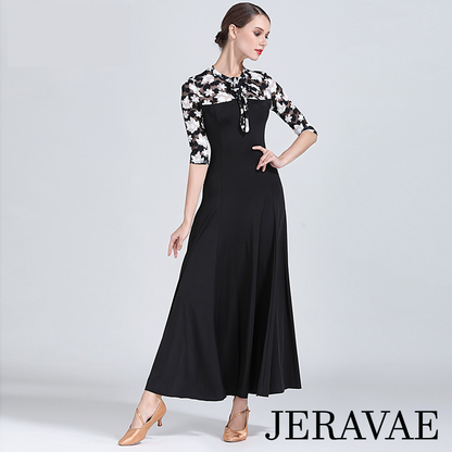 Black Long Ballroom Practice Dress with White and Black Floral Mesh Half Sleeves and Decolletage Sizes S-XXL PRA 179