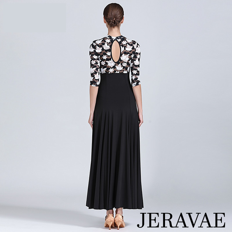 Back view of black ballroom dress for women with white flowers