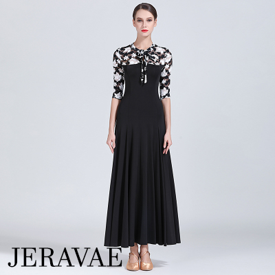 Black Long Ballroom Practice Dress with White and Black Floral Mesh Half Sleeves and Decolletage Sizes S-XXL PRA 179