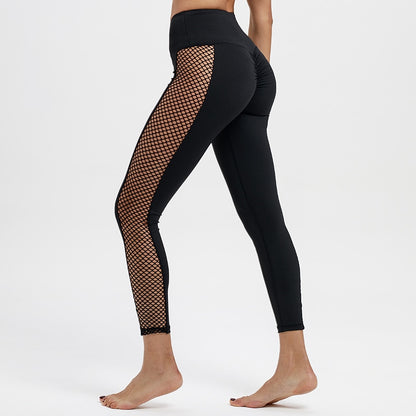 Women's black leggings with ruching and fishnet details