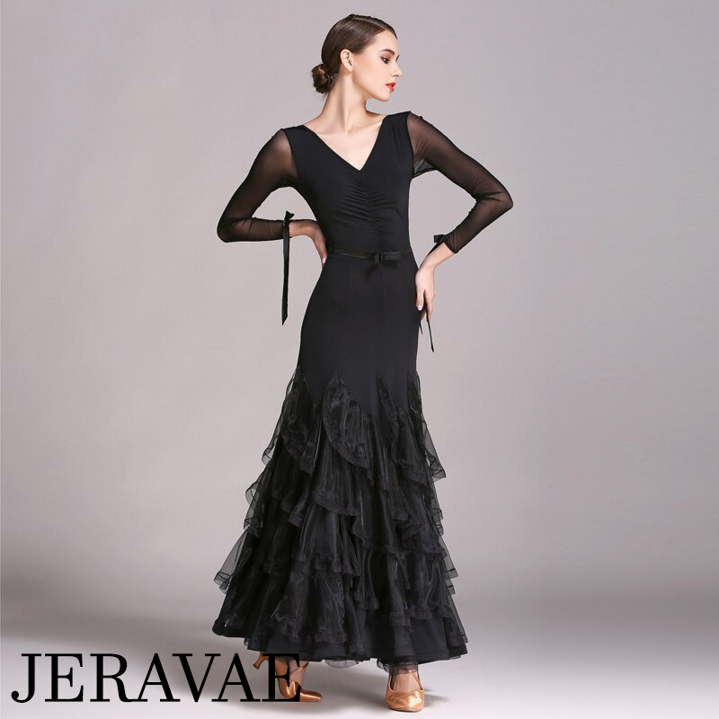 Elegant Ballroom Practice Dress with Mesh Sleeves and Belt Available in Red and Black Sizes S-XXL PRA 382_sale