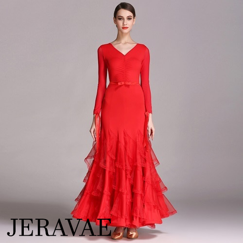Elegant Ballroom Practice Dress with Mesh Sleeves and Belt Available in Red and Black Sizes S-XXL PRA 382_sale