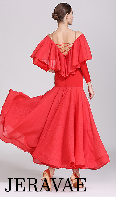 Long Ballroom Practice Dress with Off-the-Shoulder Shimmer Ruffle Floats and Shimmer Skirt Wrapped Horsehair PRA 214