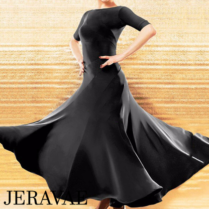 Long Black Ballroom Practice Dress with Half Sleeves, Soft Hem, and Gather in Back with Diagonal Back Neckline PRA 467