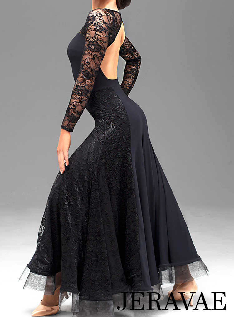 Black ballroom skirt with long lace sleeves, lace section in skirt, and open back