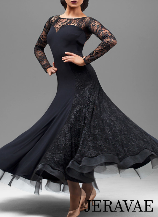Black Ballroom Practice Dress with Long Lace Sleeves, Open Back, Lace Sections in Skirt, and Horsehair Hem Sizes S-4XL PRA 204 in Stock