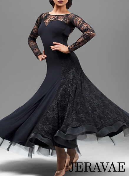 Black Ballroom Practice Dress with Long Lace Sleeves, Open Back, Lace Sections in Skirt, and Horsehair Hem Sizes S-4XL Pra204 in Stock