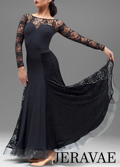 Black ballroom dress with long lace sleeves and lace sections in skirt