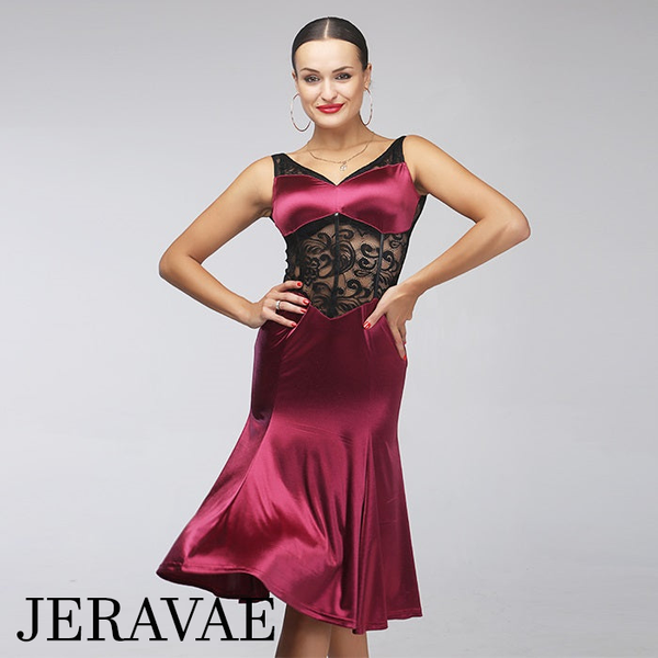 Short Latin Practice Dress with Corset Style See-through Lace Waistline and Wine Stretch Satin Skirt and Neckline Pra236_in