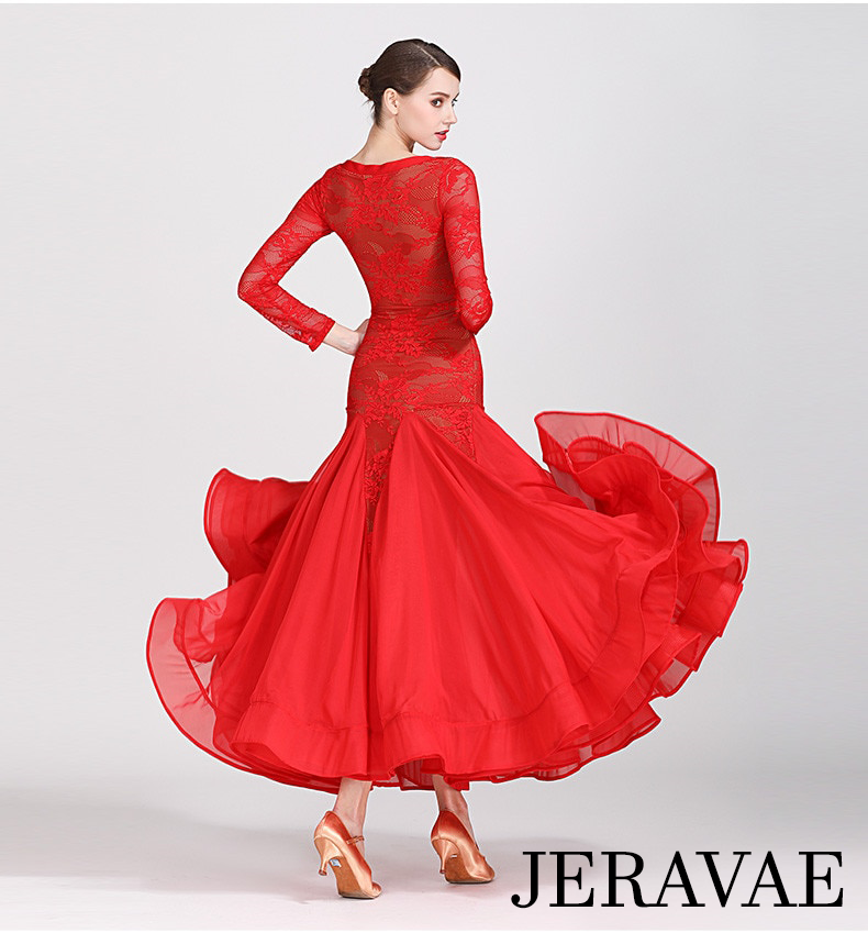 Long Lace Ballroom Practice Dress with Nude Illusion Background and Long Sleeves in Red and Black Sizes S-XXL PRA 269 in Stock
