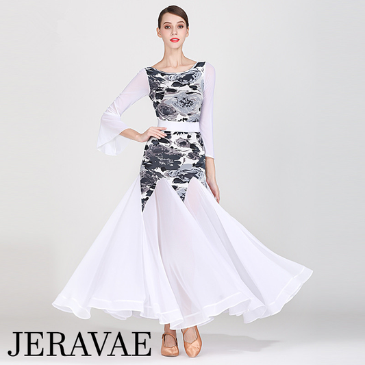 White Ballroom Dress with Grey Floral Bodice, Long Flared Sleeves, and Full Single Layer Skirt with Wrapped Horsehair Hem PRA 268